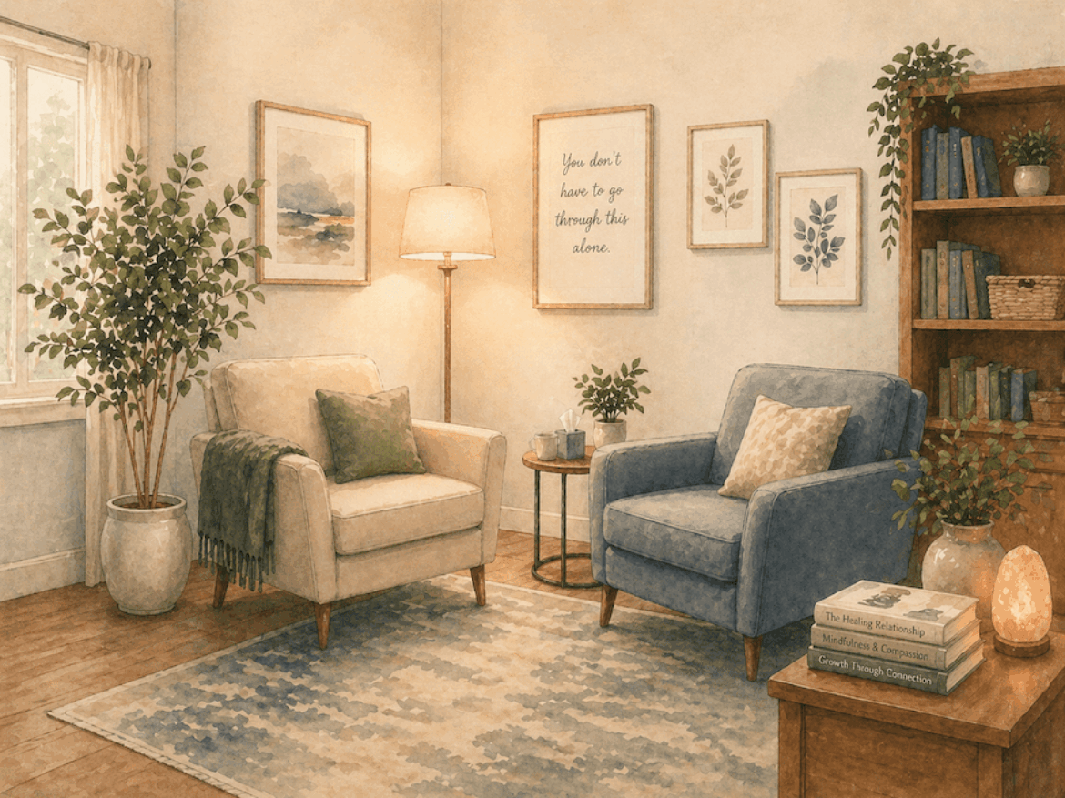 Psikodinamik terapi sürecini temsil eden, iki koltuklu sakin bir terapi odası illüstrasyonu