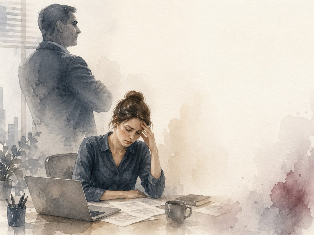 Narsist yönetici ile çalışmak konulu yazı için iş yerinde baskı yaşayan çalışanı gösteren suluboya görsel