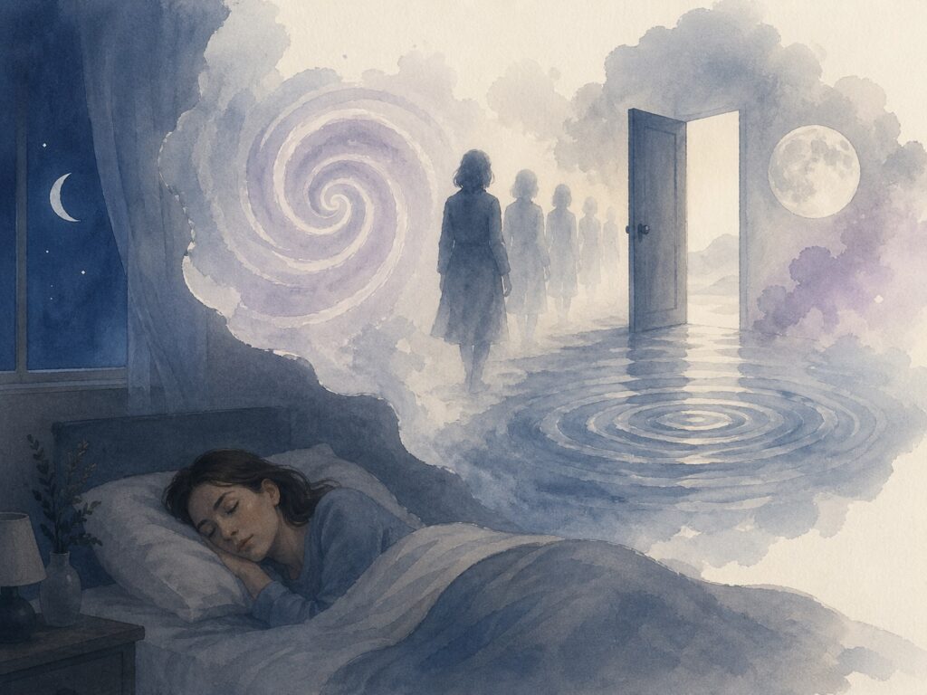 Tekrarlayan rüyalar hakkında yazı için uyuyan bir kadın ve rüya döngüsünü gösteren suluboya görsel