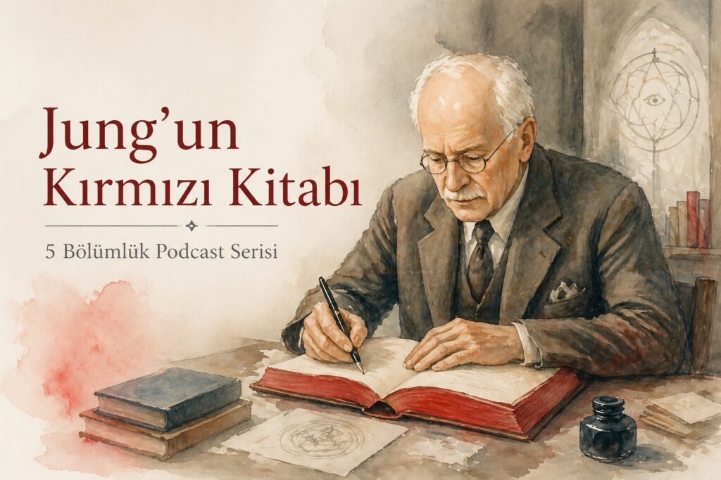 Jung’un Kırmızı Kitabı podcast serisi için Jung’un çalışma masasında yazarken suluboya görseli