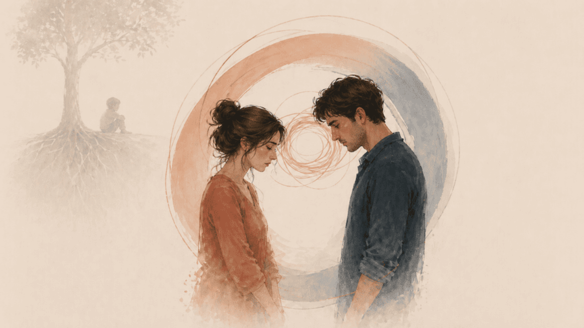 Tekrar eden ilişki döngüleri yaşayan bir çifti temsil eden ilişki görseli